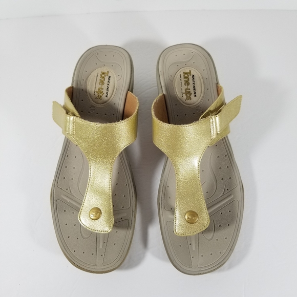 Skechers Shoes - Skechers Tone Ups Sandals Women's Size 9 Thong Bright Gold Wedge Heel
